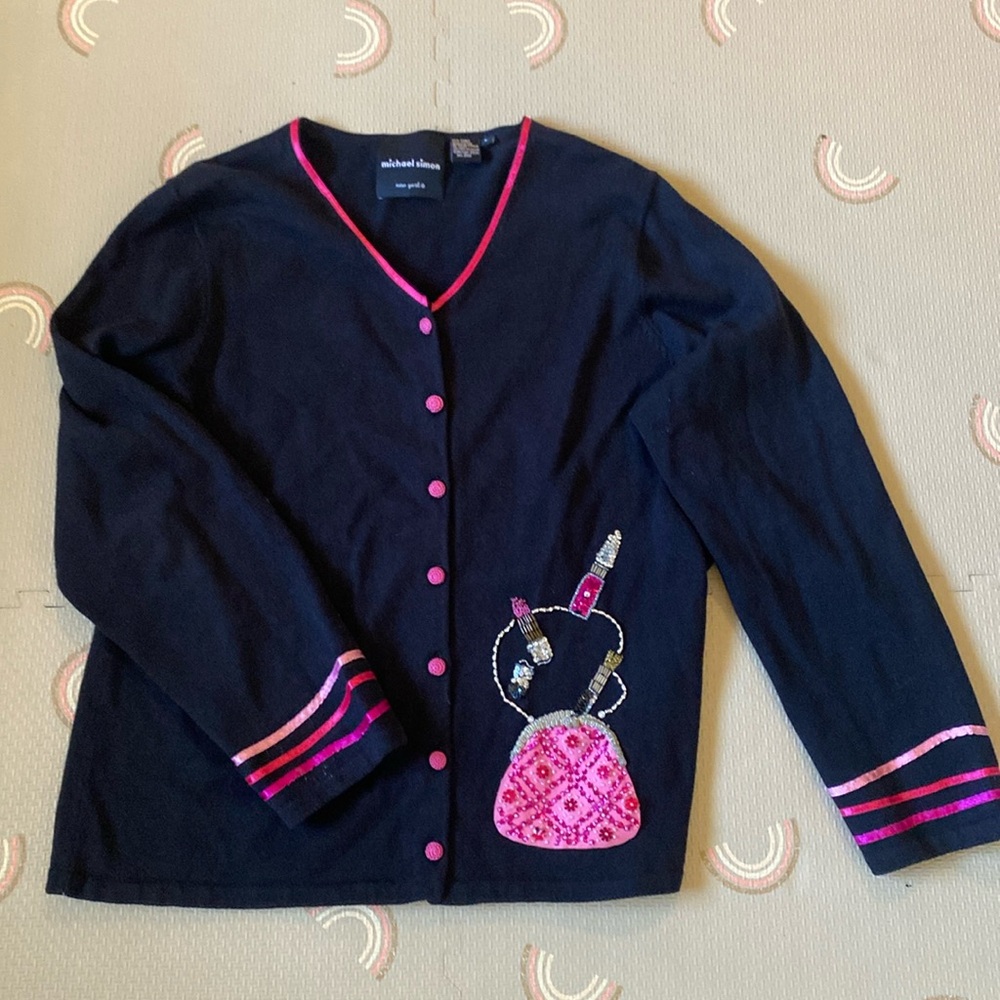 Michael Simon Y2K Cardigan Embroidered Beaded Makeup and Purse Sweater